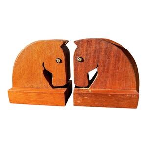 Art‎ Deco Stylized Wood Sculptures of Horse Bust Bookends